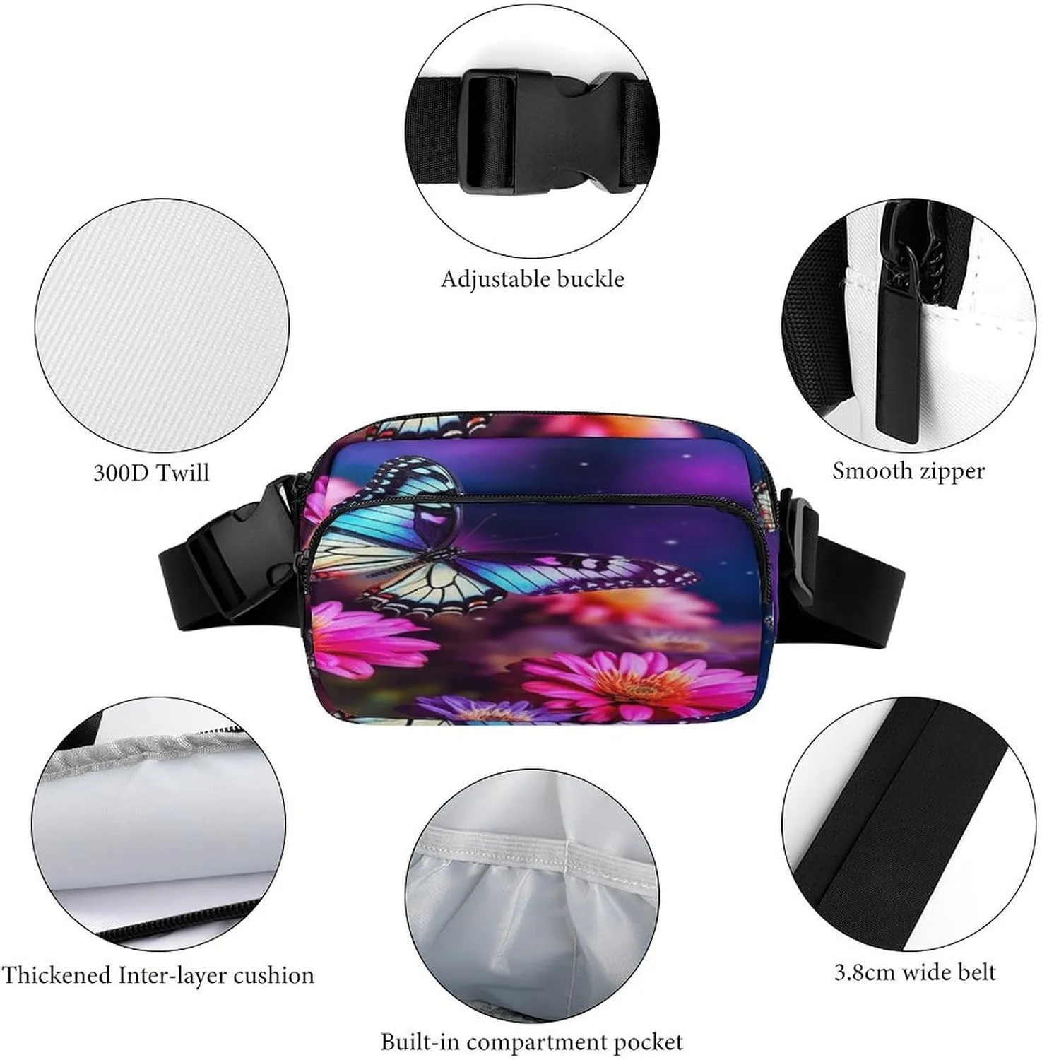 Large Waist Packs with Adjustable Strap,Butterfly Beautiful Flowers CrossBody Fanny Pack Casual Bag for Travel Sports Running Hiking