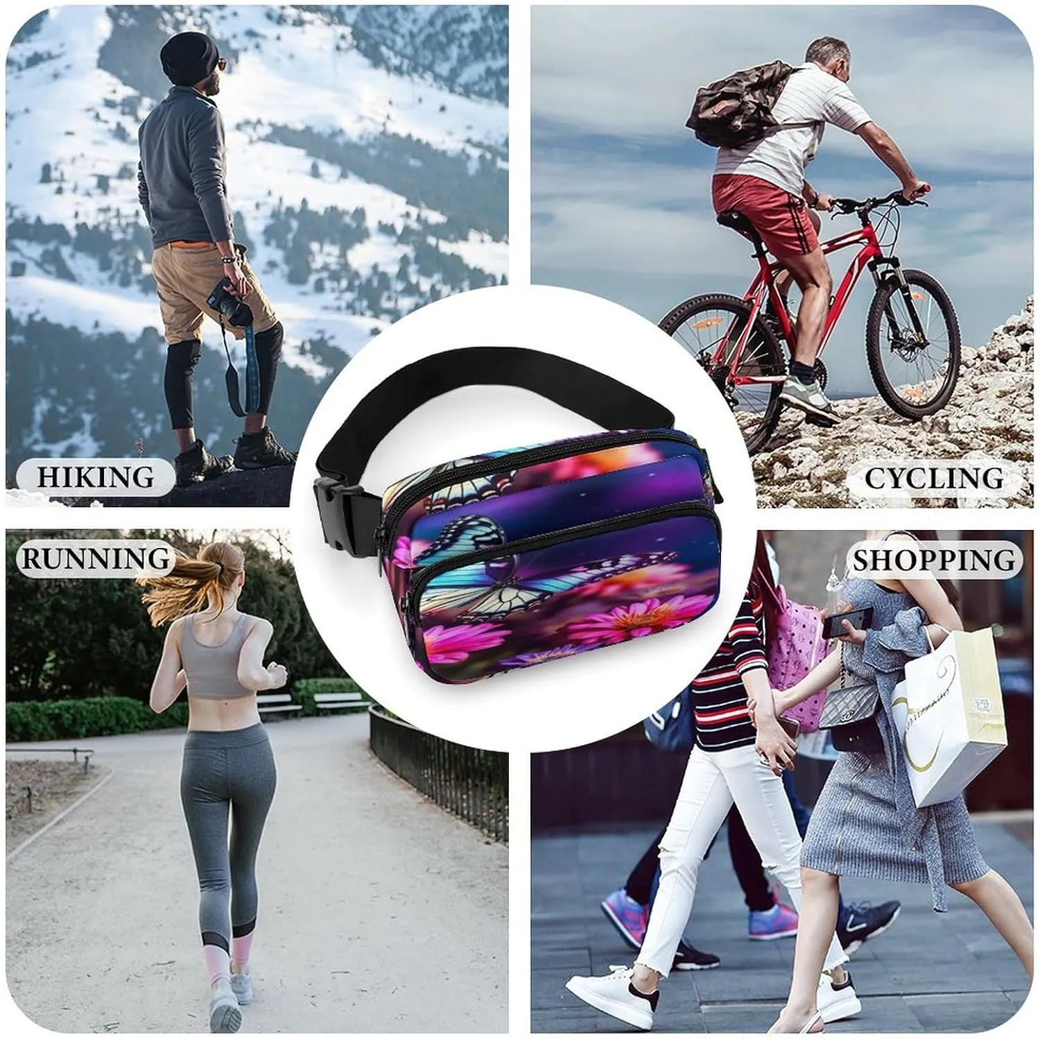 Large Waist Packs with Adjustable Strap,Butterfly Beautiful Flowers CrossBody Fanny Pack Casual Bag for Travel Sports Running Hiking