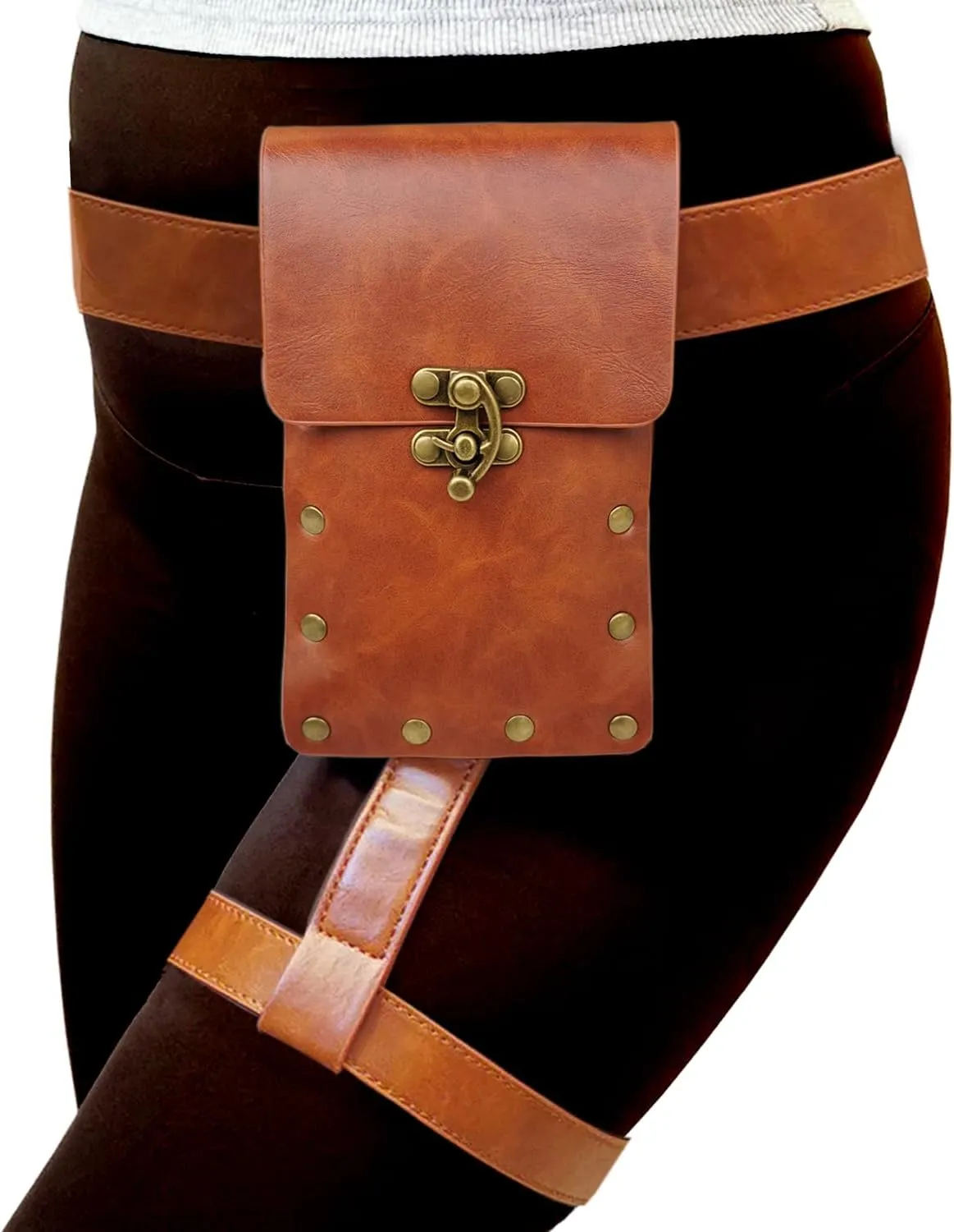 Larswon Renaissance Leg Bag - Synthetic Leather Belt Harness Thigh Bag for Women - Hip Coffee