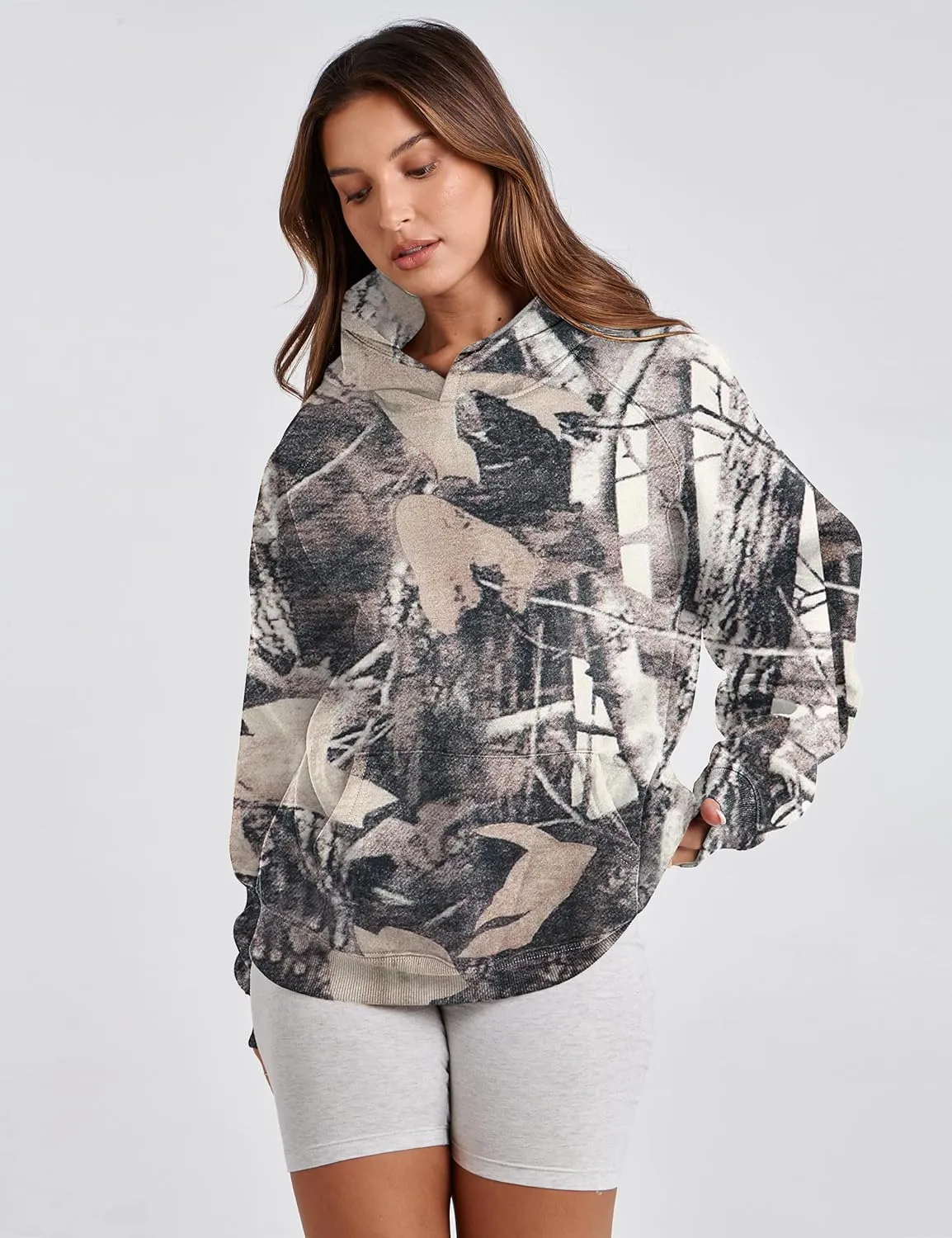 Lauweion Women Solid Basic Fleece Letter Loose Hoodie Sweatshirt Long Sleeve Kangaroo Pocket Drop Shoulder Pullovers Top