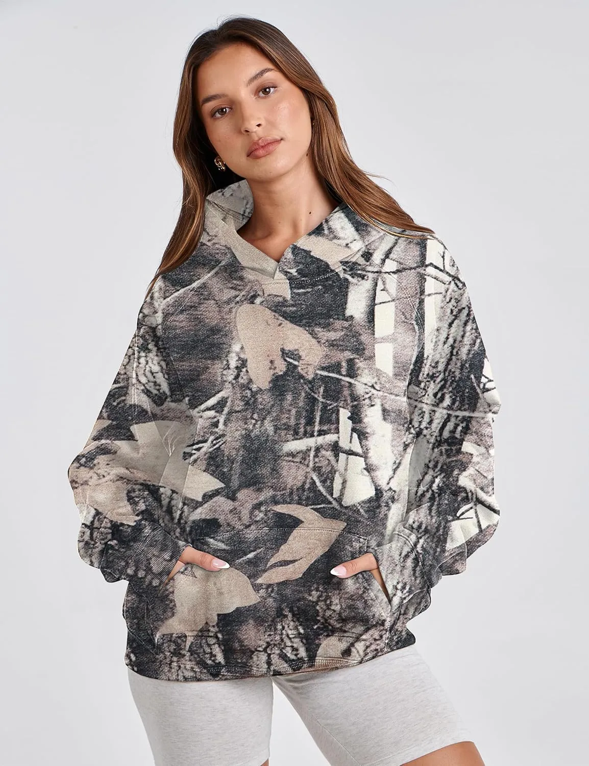 Lauweion Women Solid Basic Fleece Letter Loose Hoodie Sweatshirt Long Sleeve Kangaroo Pocket Drop Shoulder Pullovers Top