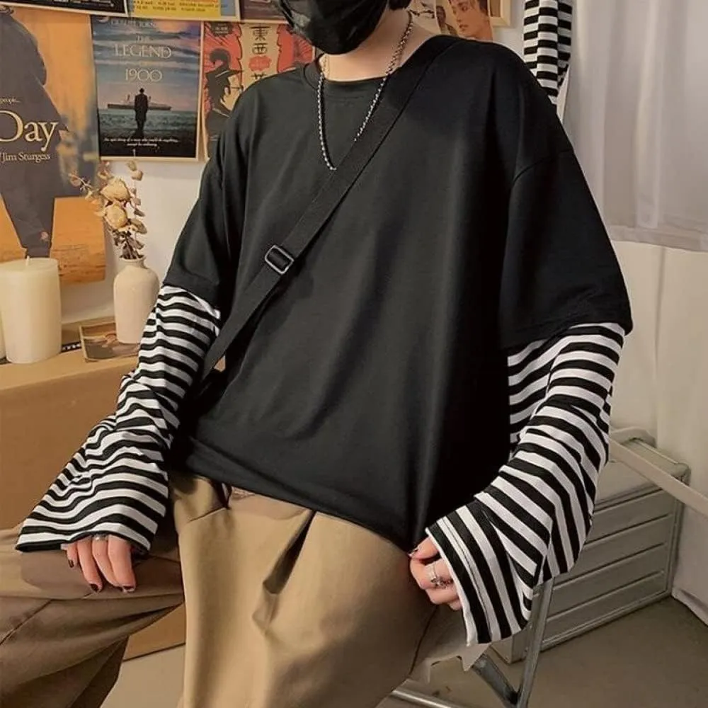 LAVASEON Harajuku Oversized Striped T-Shirt Long Sleeve Crew Neck Casual Matching Couple Streetwear Pullover