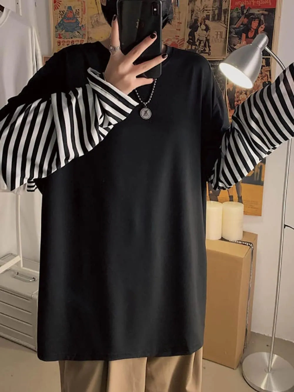 LAVASEON Harajuku Oversized Striped T-Shirt Long Sleeve Crew Neck Casual Matching Couple Streetwear Pullover