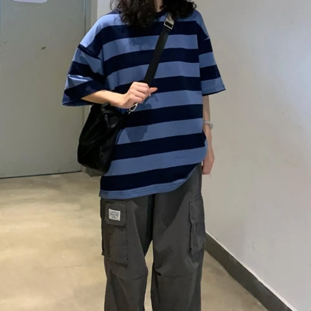 LAVASEON Harajuku Oversized Striped T-Shirt Long Sleeve Crew Neck Casual Matching Couple Streetwear Pullover