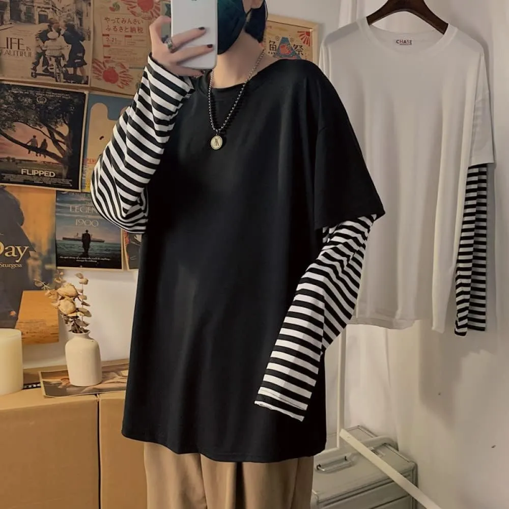 LAVASEON Harajuku Oversized Striped T-Shirt Long Sleeve Crew Neck Casual Matching Couple Streetwear Pullover