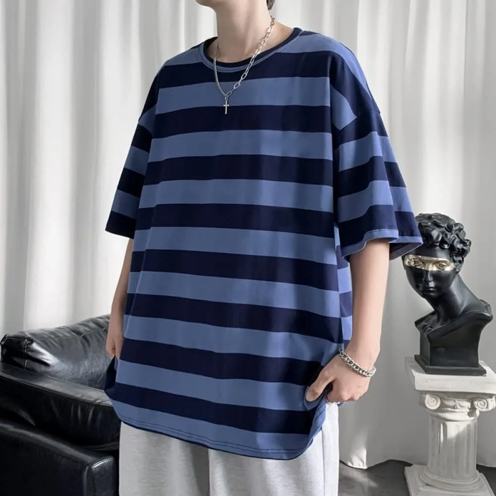 LAVASEON Harajuku Oversized Striped T-Shirt Long Sleeve Crew Neck Casual Matching Couple Streetwear Pullover