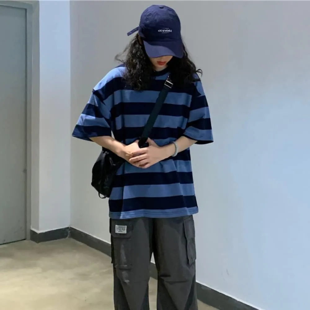 LAVASEON Harajuku Oversized Striped T-Shirt Long Sleeve Crew Neck Casual Matching Couple Streetwear Pullover