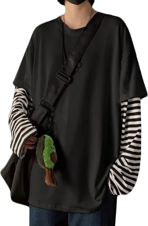 LAVASEON Harajuku Oversized Striped T-Shirt Long Sleeve Crew Neck Casual Matching Couple Streetwear Pullover