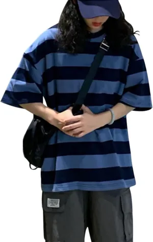LAVASEON Harajuku Oversized Striped T-Shirt Long Sleeve Crew Neck Casual Matching Couple Streetwear Pullover