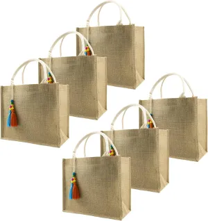 LB 6 Pack Jute Bag, Reusable Grocery Shopping Bags Handbag Straw Tassel Bag, Beach Bag Weaving Bag Burlap Bag for Mother Teachers Bridesmaid Wedding Gift Bags DIY Decor(Larger Size 6 Pack)