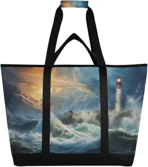 Lighthouse Storm Sky Tote Bag for Women with Zipper Reusable Grocery Bags Foldable Insulated Cooler Bag Shopping Bags Totes Handbags for Groceries Picnic Travel Beach Work