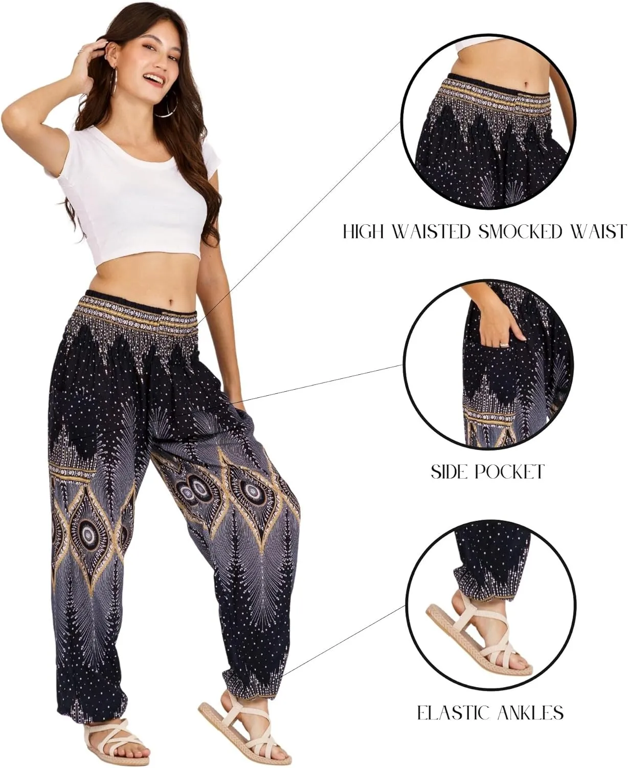 LOFBAZ Harem Yoga Pants for Women S-4XL Hippie Boho PJs Lounge Beach Print Plus