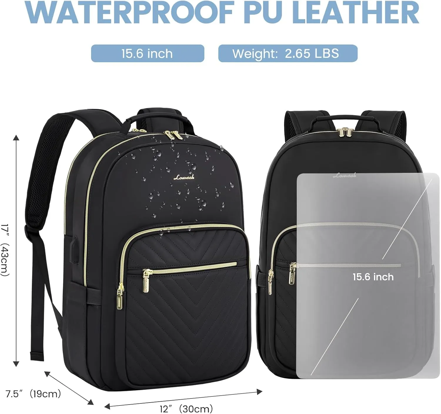 LOVEVOOK Leather Backpacks for Women,15.6 inch Leather Laptop Backpack Women Computer Backpack Laptop Bag,Stylish Quilted Travel Backpack Purse Work Bag College Teacher Backpacks with USB Port,Black