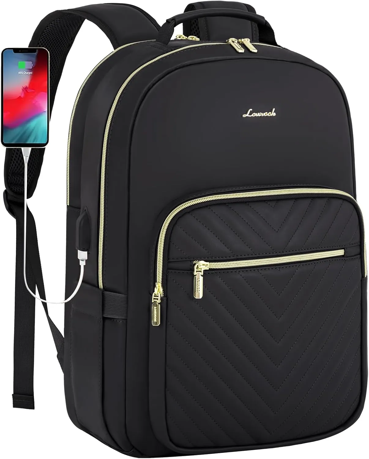 LOVEVOOK Leather Backpacks for Women,15.6 inch Leather Laptop Backpack Women Computer Backpack Laptop Bag,Stylish Quilted Travel Backpack Purse Work Bag College Teacher Backpacks with USB Port,Black