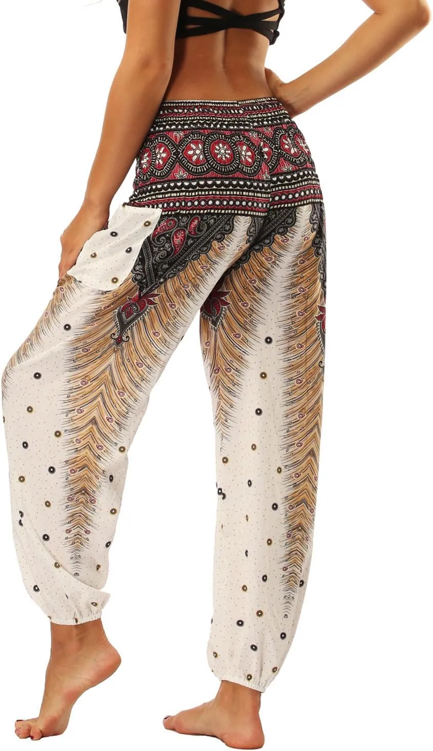 Lu's Chic Women's Boho Pants Harem Smocked Waist Yoga Hippie Palazzo Summer Beach Pants