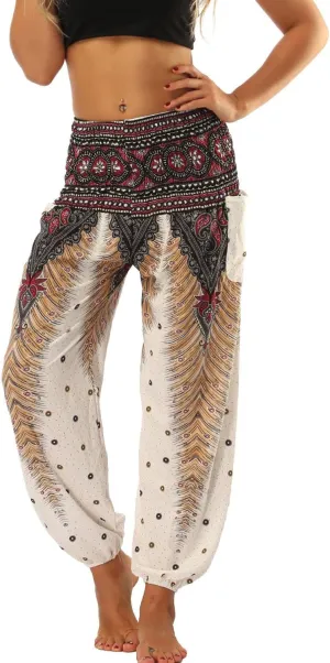 Lu's Chic Women's Boho Pants Harem Smocked Waist Yoga Hippie Palazzo Summer Beach Pants