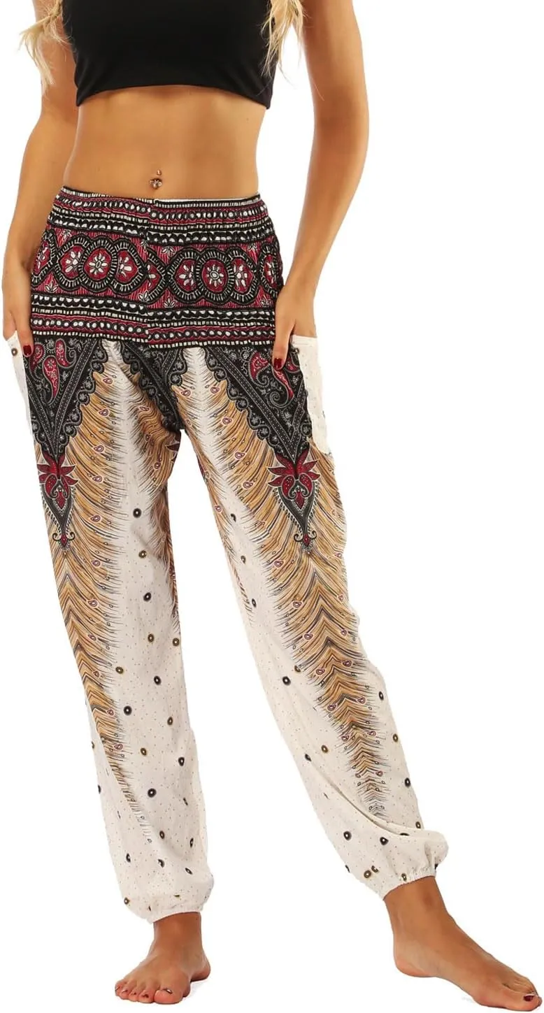 Lu's Chic Women's Boho Pants Harem Smocked Waist Yoga Hippie Palazzo Summer Beach Pants