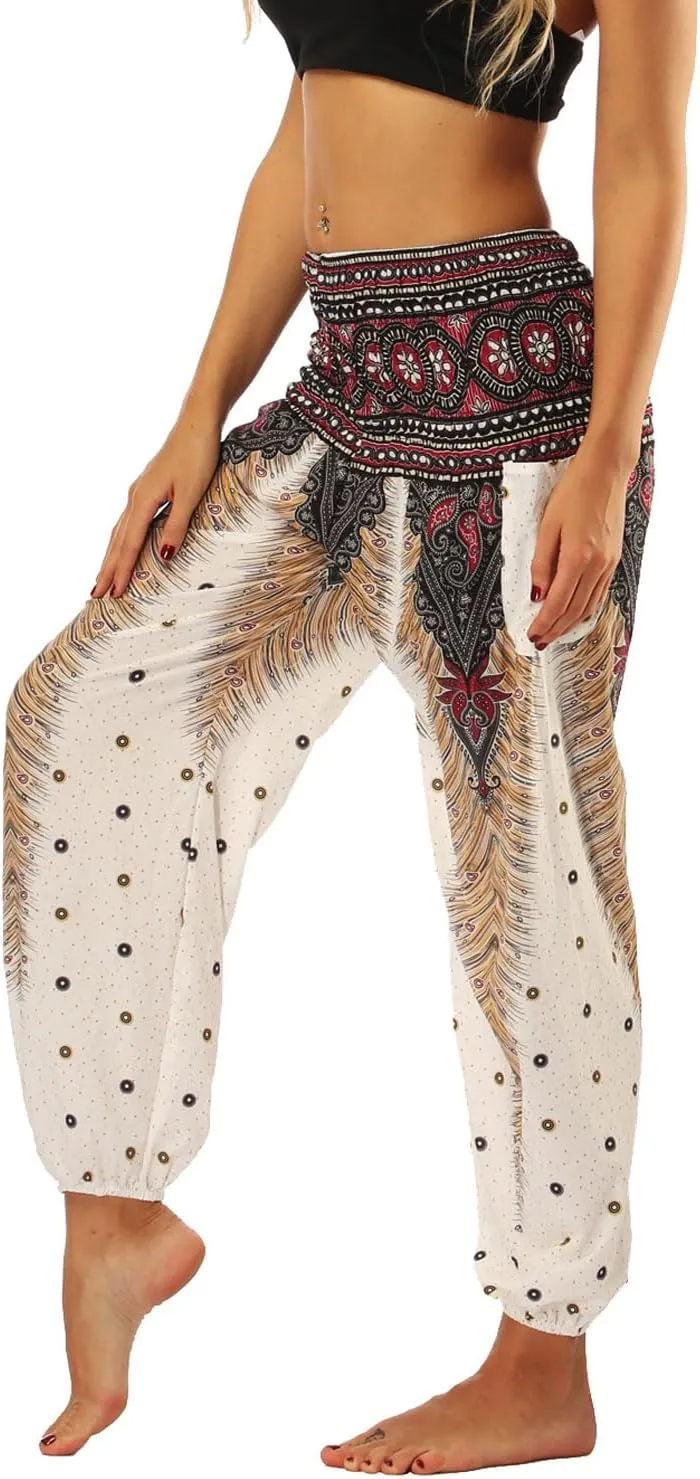 Lu's Chic Women's Boho Pants Harem Smocked Waist Yoga Hippie Palazzo Summer Beach Pants