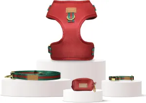 Luxury Dog Bentley Harness Set in Red - Red Neoprene Padded Harness, Collar, Leash and Poop Holder Set Fits Small, Medium and Large Sized Dogs Free Poop Bag Included (L)