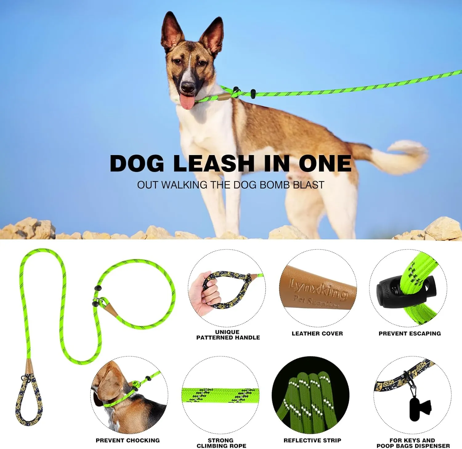 lynxking Slip Lead Dog Leash Reflective, Heavy Duty Comfortable Strong Rope Lead for Large, Medium Dogs, No Pull Pet Training (Light Green, Large 1/2in x 6ft-Slip Lead)
