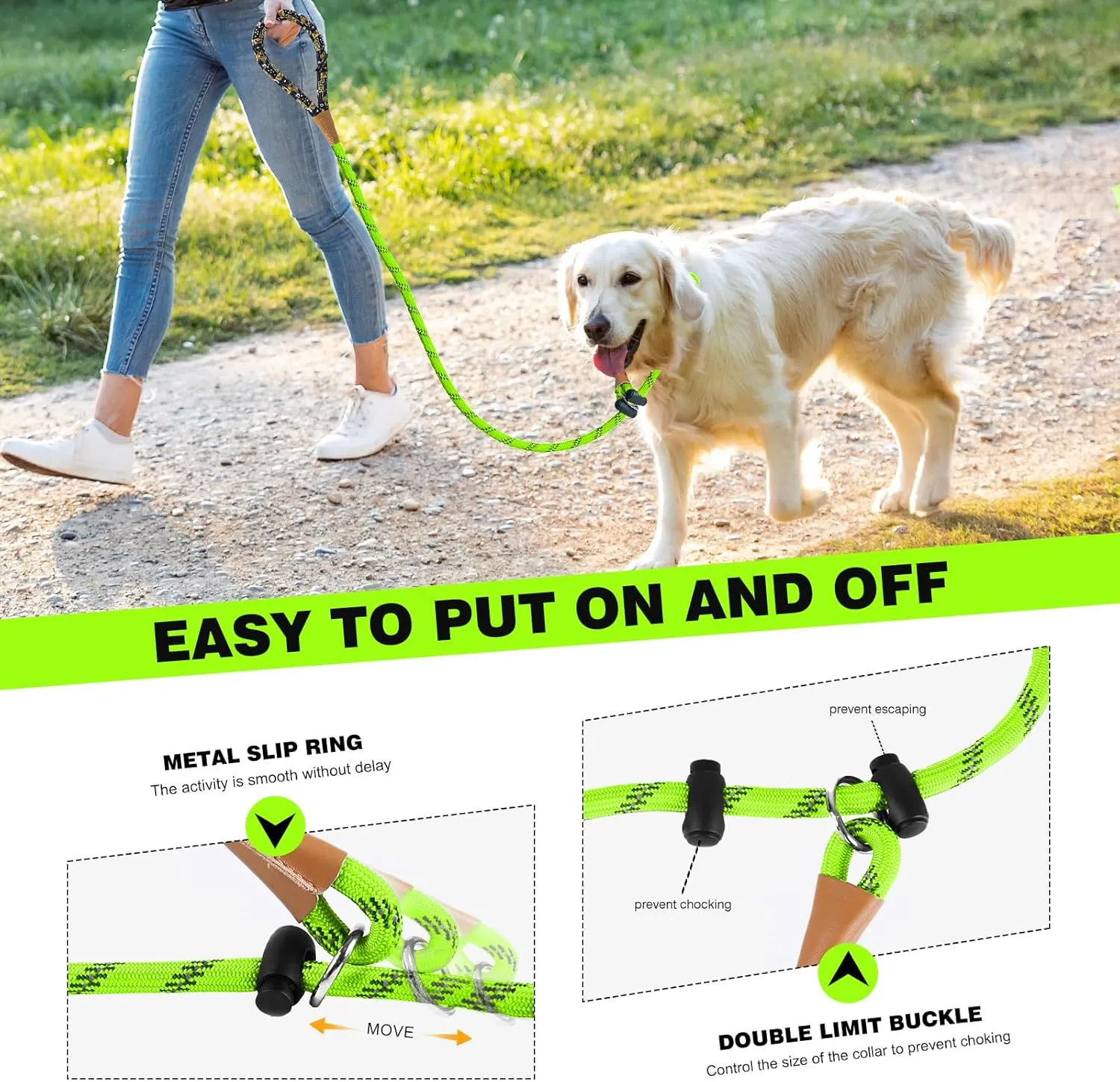 lynxking Slip Lead Dog Leash Reflective, Heavy Duty Comfortable Strong Rope Lead for Large, Medium Dogs, No Pull Pet Training (Light Green, Large 1/2in x 6ft-Slip Lead)