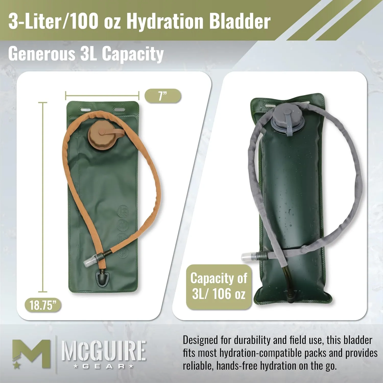 M MCGUIRE GEAR Hydration Bladder, 3L/100 oz. Water Bladder, Leak Proof Hydration Pack, Water Reservoir with Insulated Drinking Tube for Hiking, Cycling, and Biking