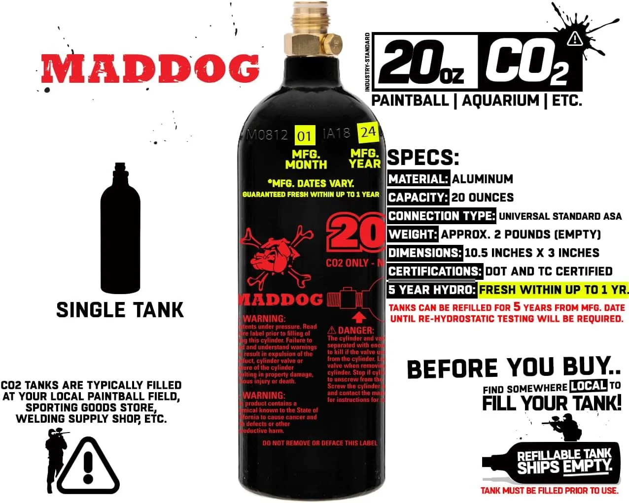 Maddog 20 Oz Refillable Aluminum CO2 Paintball Tank - Ships Empty