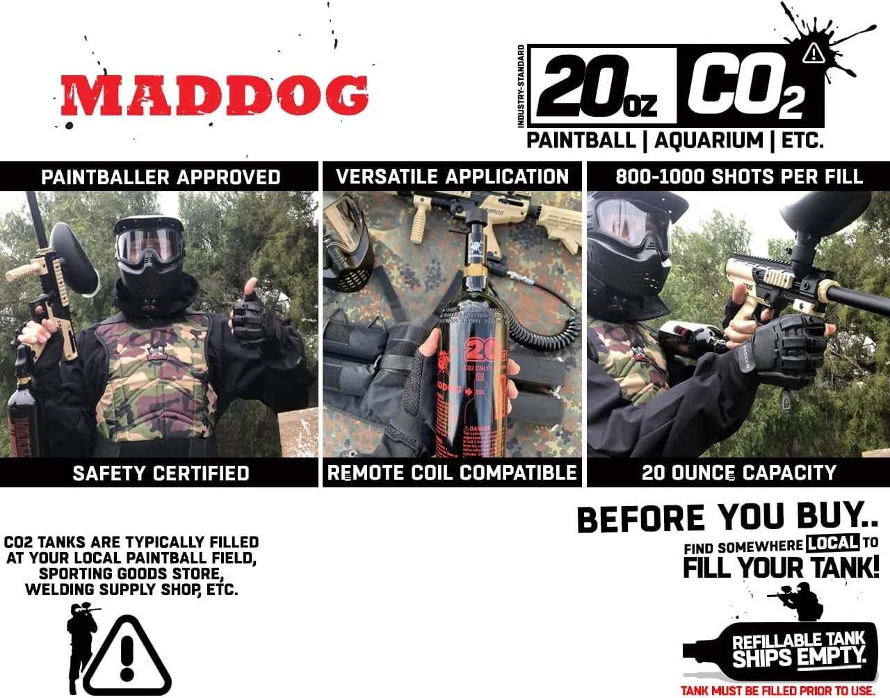 Maddog 20 Oz Refillable Aluminum CO2 Paintball Tank - Ships Empty