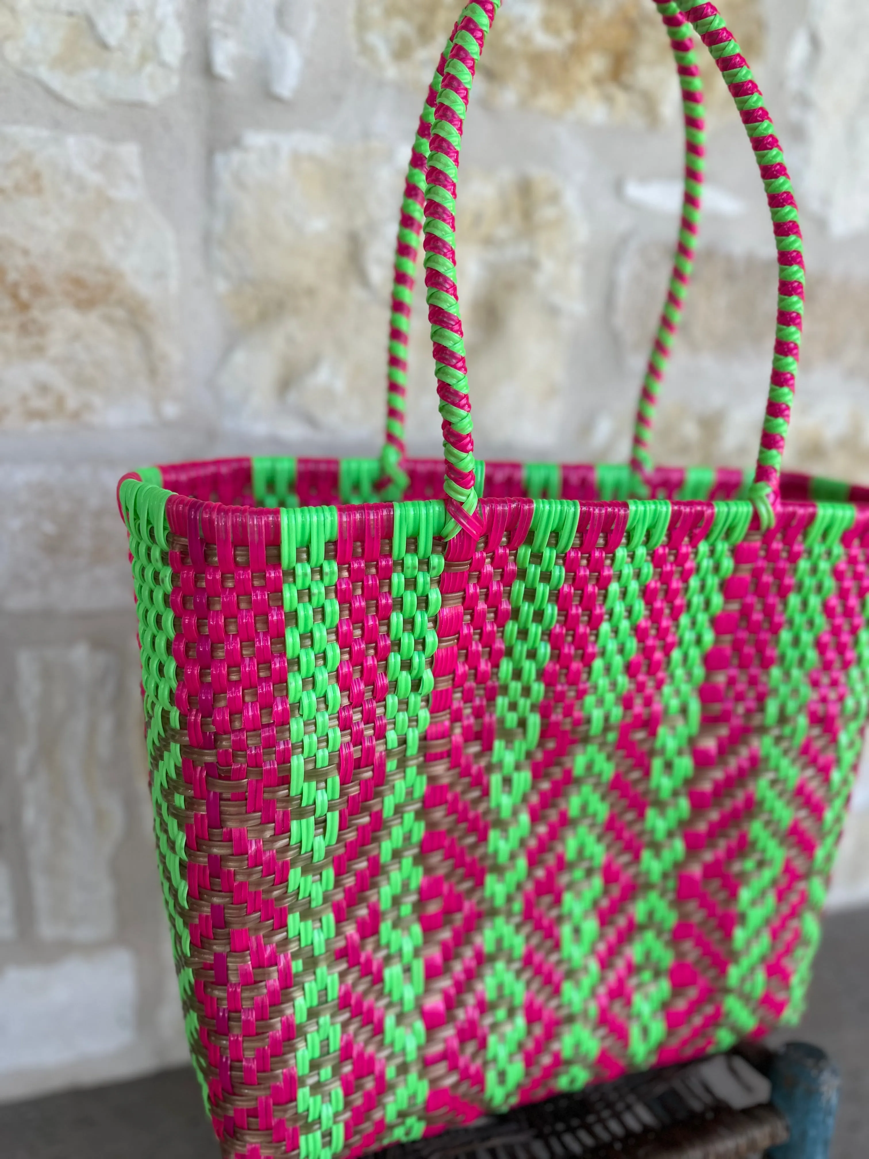 Magenta and Lime Green Woven Tote