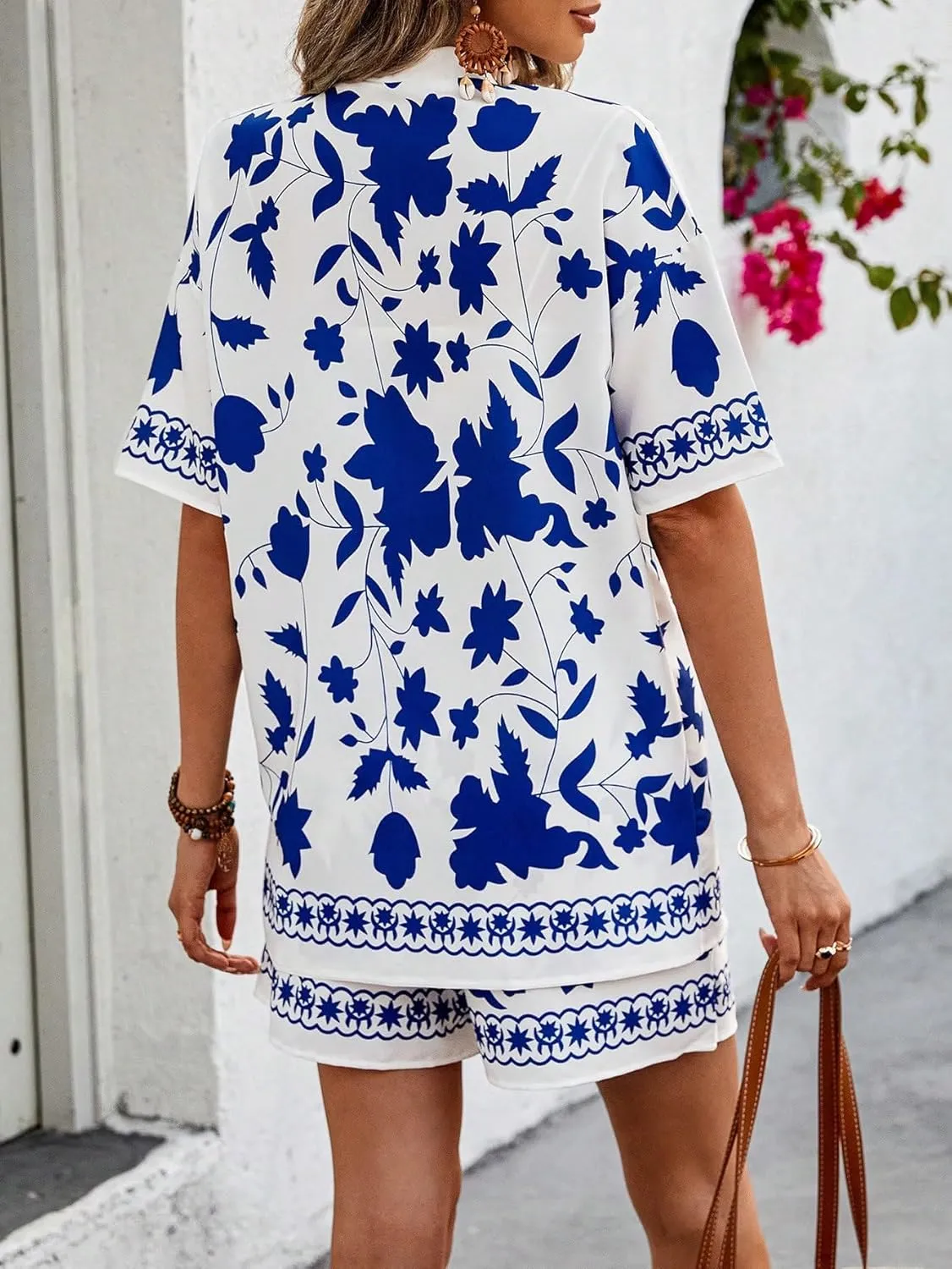MakeMeChic Women's Boho 2 Piece Outfits Tropical Open Front Kimono Blouse and Shorts Set