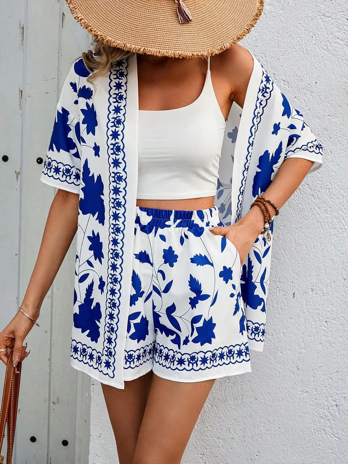 MakeMeChic Women's Boho 2 Piece Outfits Tropical Open Front Kimono Blouse and Shorts Set