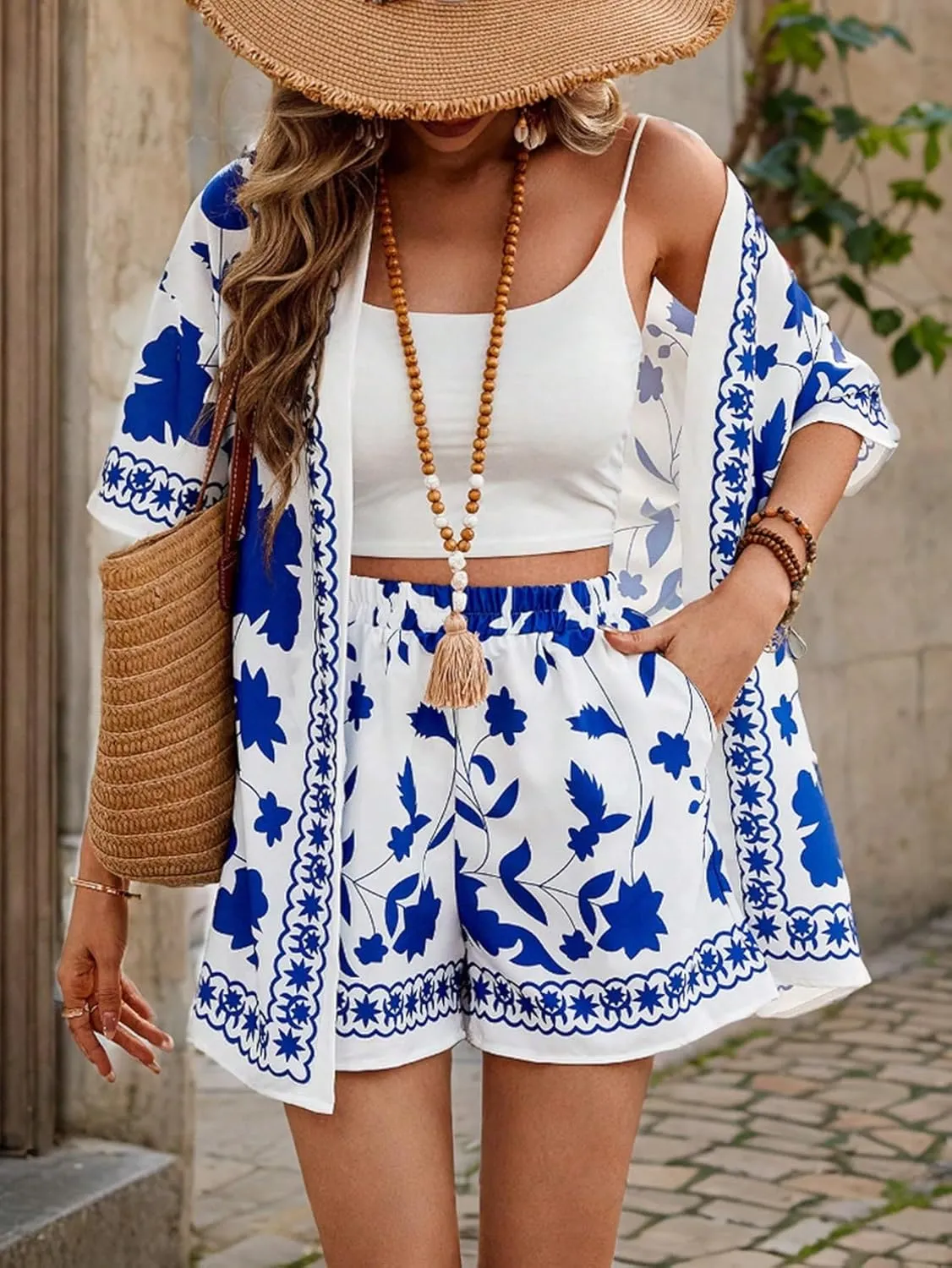 MakeMeChic Women's Boho 2 Piece Outfits Tropical Open Front Kimono Blouse and Shorts Set