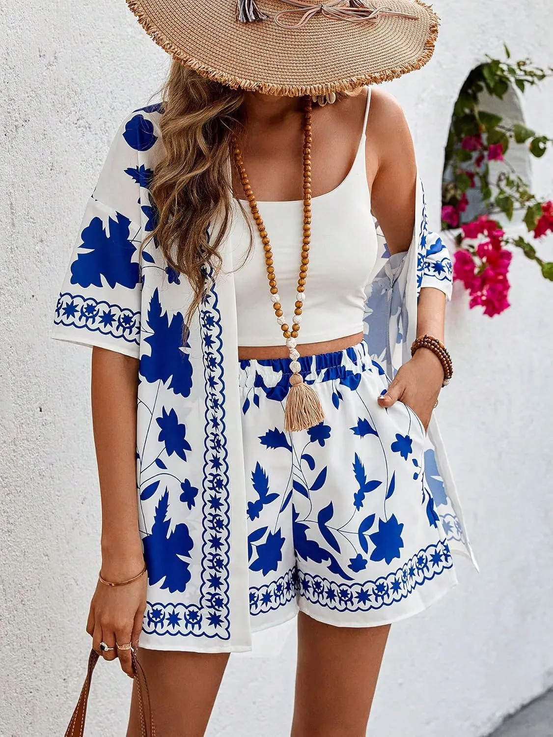 MakeMeChic Women's Boho 2 Piece Outfits Tropical Open Front Kimono Blouse and Shorts Set