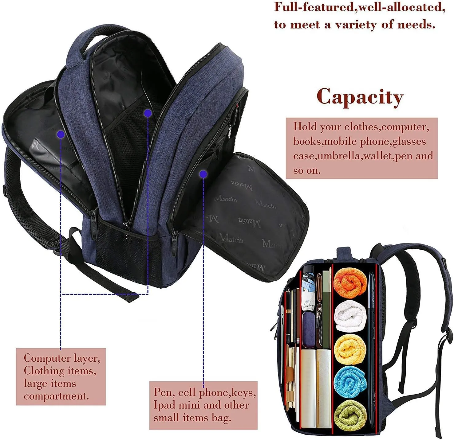 MATEIN Laptop Backpack,Slim Travel Backpack with Laptop Compartment for Men Women,College Daypack Gift Computer Bag fits 15.6 Inch Notebook, Blue