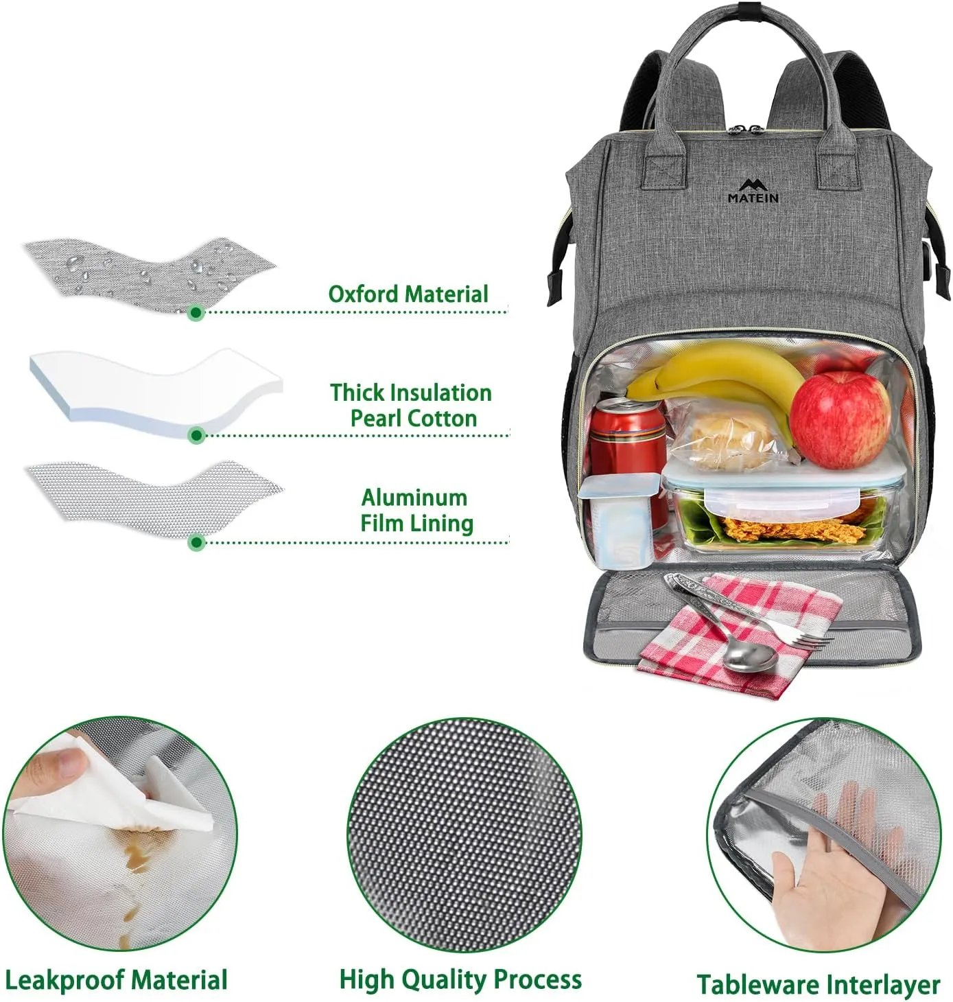 MATEIN Lunch Backpack, 15.6 Inch Insulated Cooler Bag with USB Port for Women Men, Water-Resistant Leak Proof Laptop Backpack Lunch Box Bag for Nurse Teacher Work Office Commute Travel Picnic, Grey