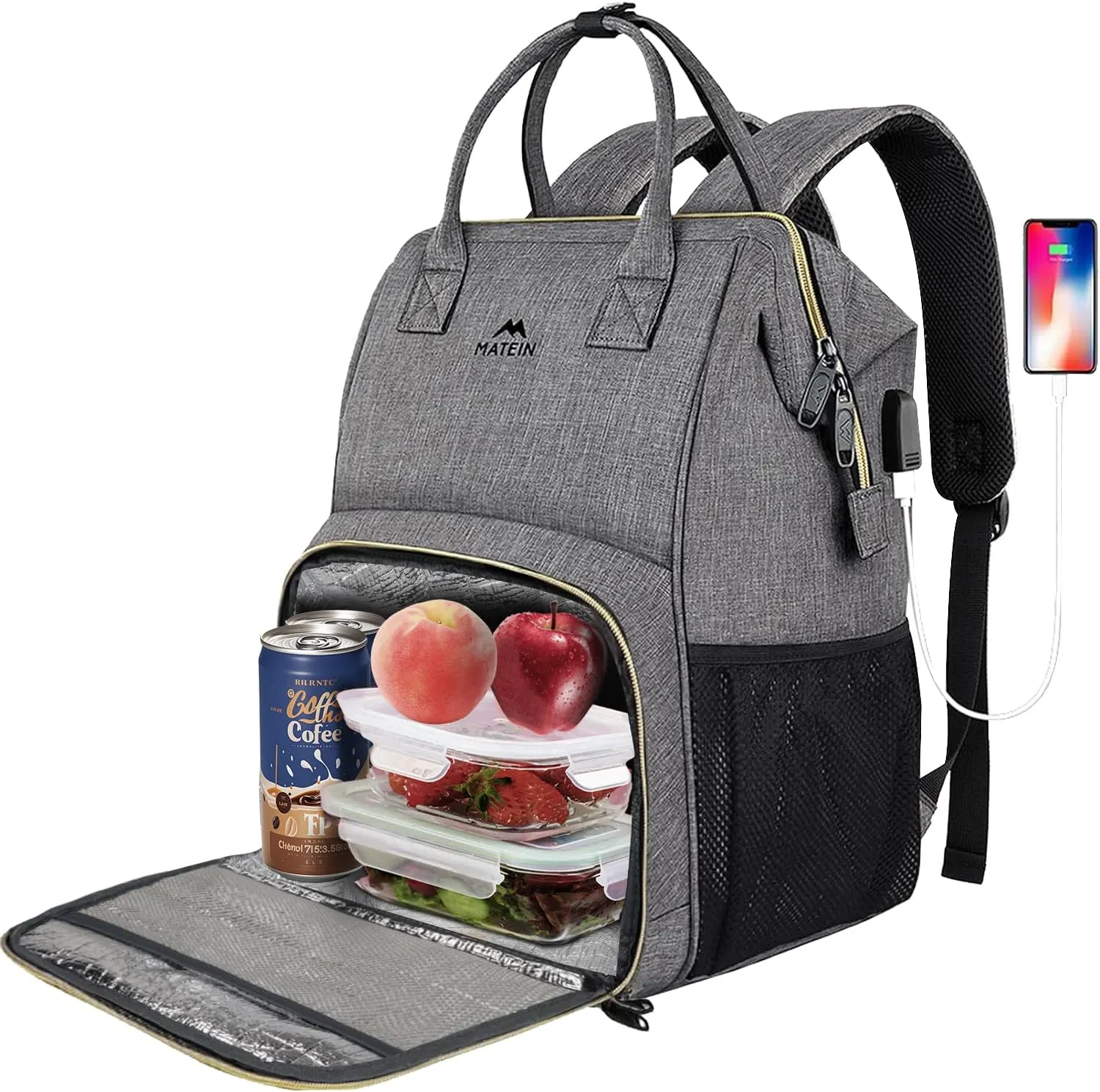 MATEIN Lunch Backpack, 15.6 Inch Insulated Cooler Bag with USB Port for Women Men, Water-Resistant Leak Proof Laptop Backpack Lunch Box Bag for Nurse Teacher Work Office Commute Travel Picnic, Grey