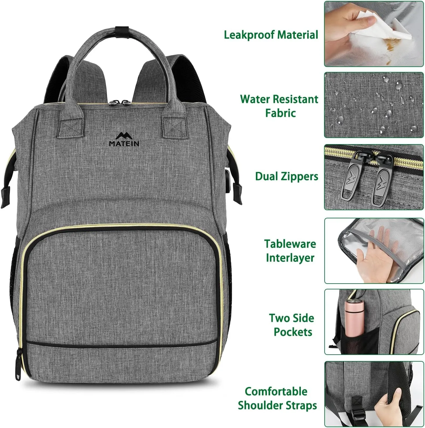 MATEIN Lunch Backpack, 15.6 Inch Insulated Cooler Bag with USB Port for Women Men, Water-Resistant Leak Proof Laptop Backpack Lunch Box Bag for Nurse Teacher Work Office Commute Travel Picnic, Grey