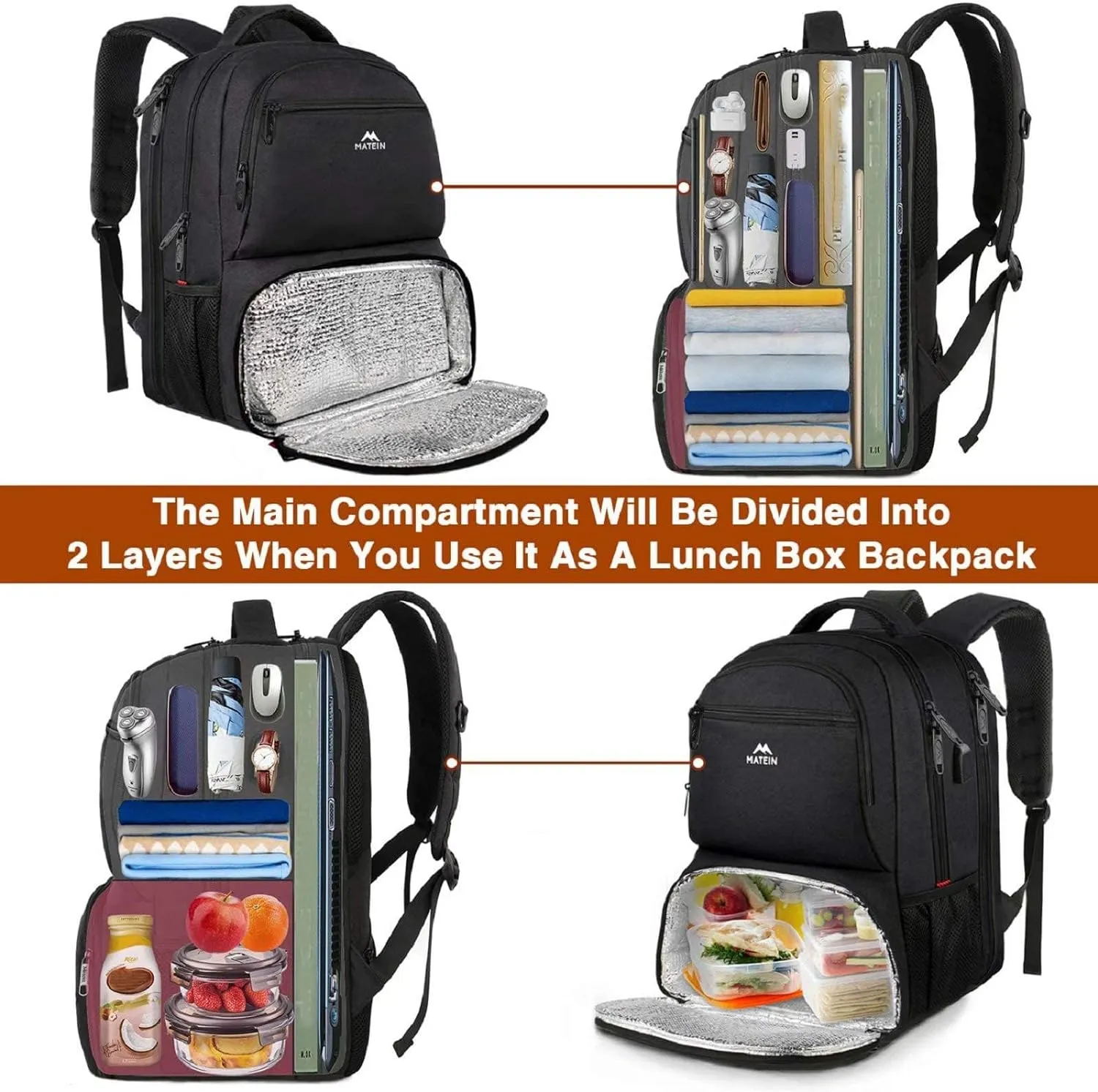 MATEIN Lunch Backpack for Men Work, 17 Inch Insulated Cooler Backpack Lunch Box with USB Charging Port, Water Resistant Laptop Back Pack Computer Meal Prep Backpacks for Picnic College Travel, Black