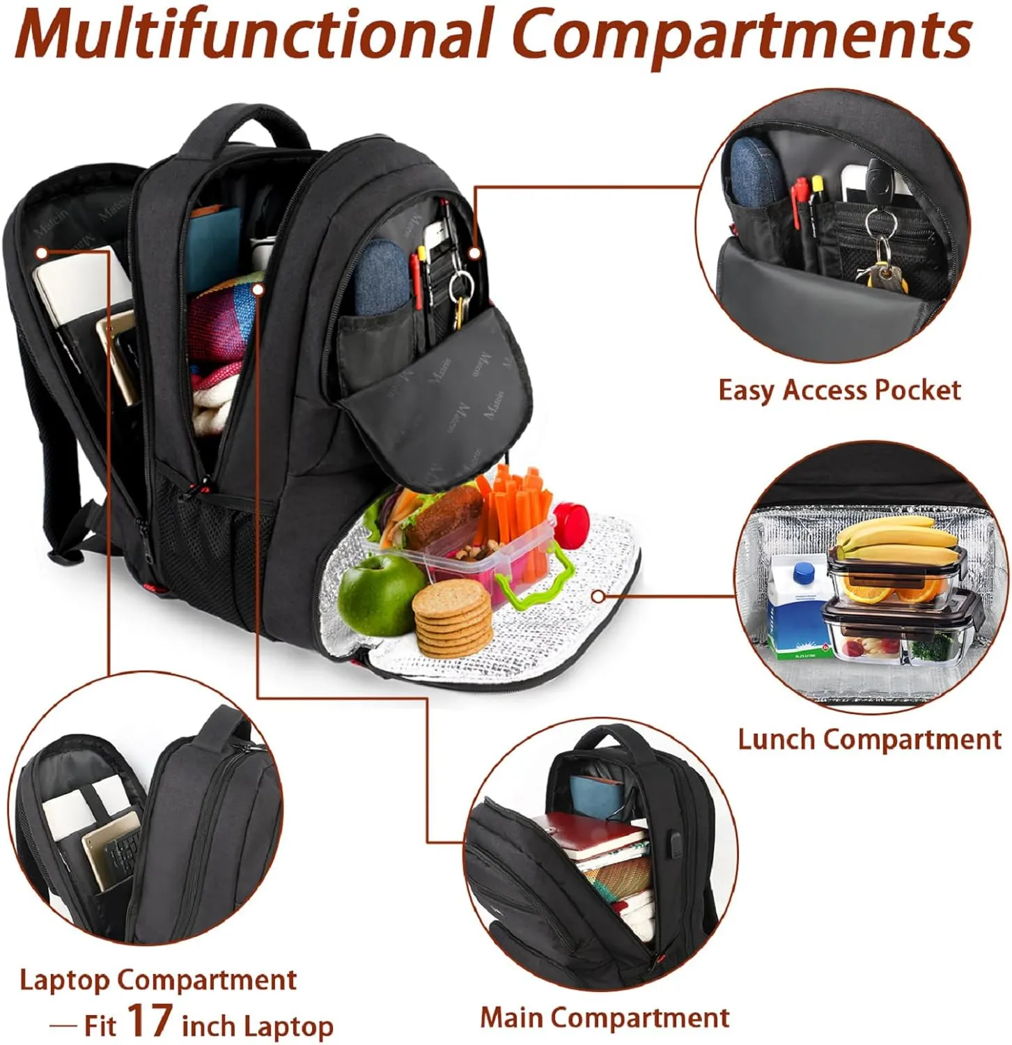 MATEIN Lunch Backpack for Men Work, 17 Inch Insulated Cooler Backpack Lunch Box with USB Charging Port, Water Resistant Laptop Back Pack Computer Meal Prep Backpacks for Picnic College Travel, Black