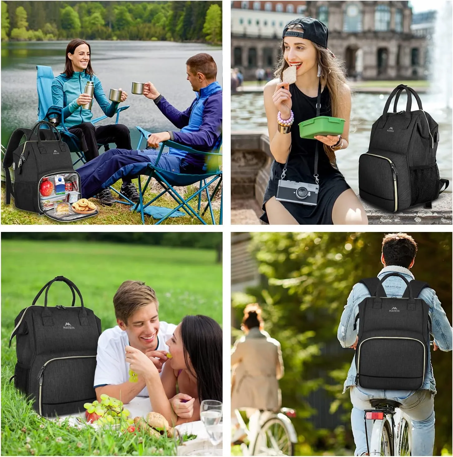 MATEIN Lunch Backpack for Women, Insulated Cooler Backpack Lunch Bag with USB Charging Port for Men, 15.6 Inch Leakproof Laptop College Tote Work Bag Teacher Nurse Picnic Office Commuter Travel, Black