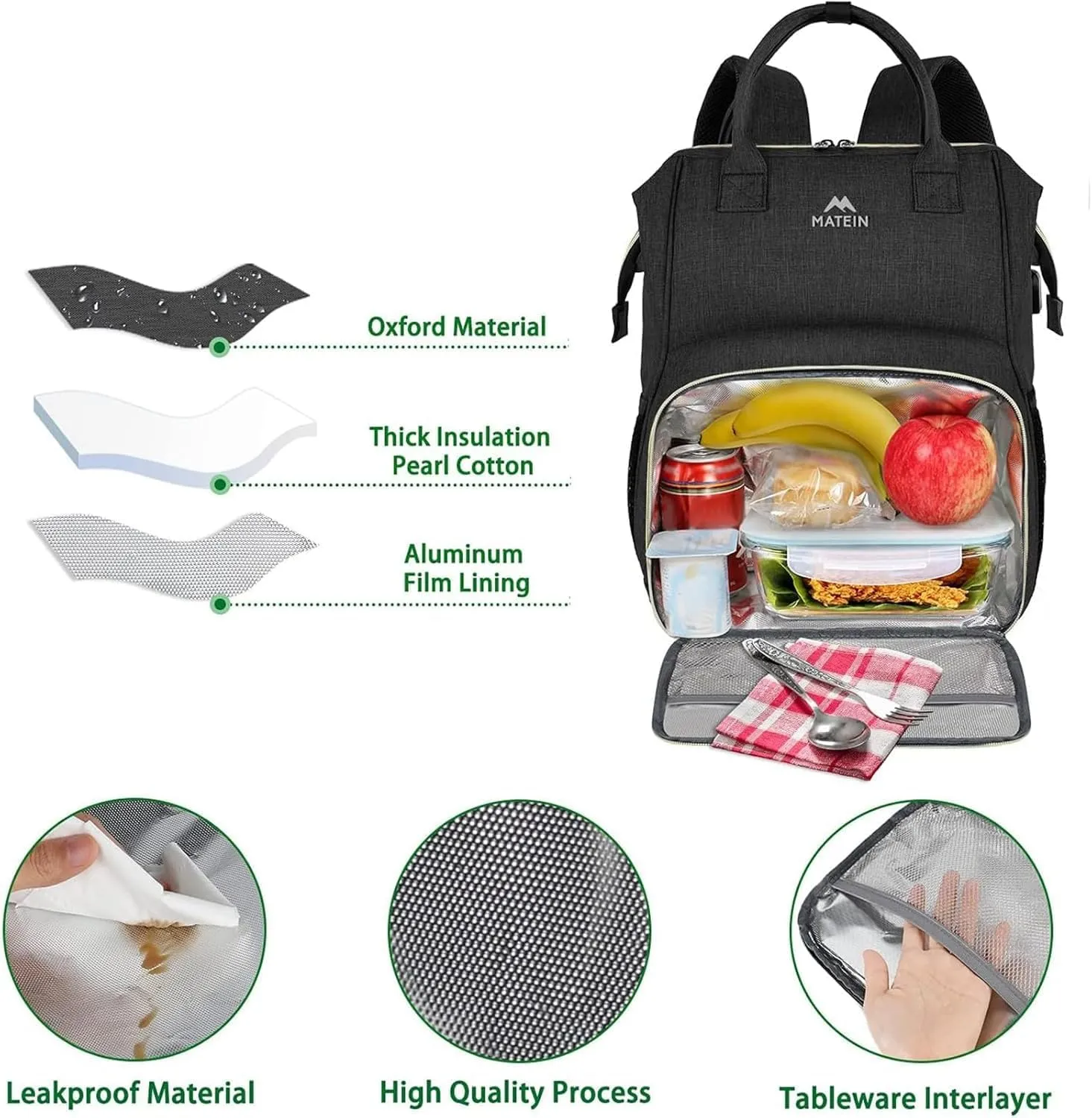 MATEIN Lunch Backpack for Women, Insulated Cooler Backpack Lunch Bag with USB Charging Port for Men, 15.6 Inch Leakproof Laptop College Tote Work Bag Teacher Nurse Picnic Office Commuter Travel, Black