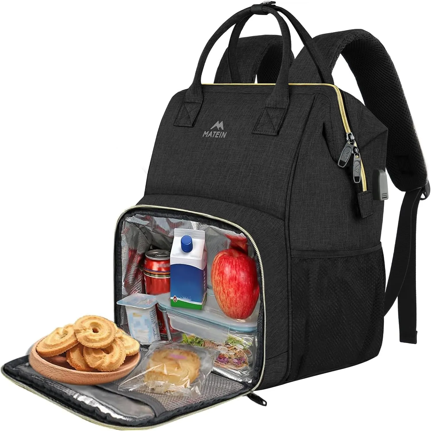 MATEIN Lunch Backpack for Women, Insulated Cooler Backpack Lunch Bag with USB Charging Port for Men, 15.6 Inch Leakproof Laptop College Tote Work Bag Teacher Nurse Picnic Office Commuter Travel, Black