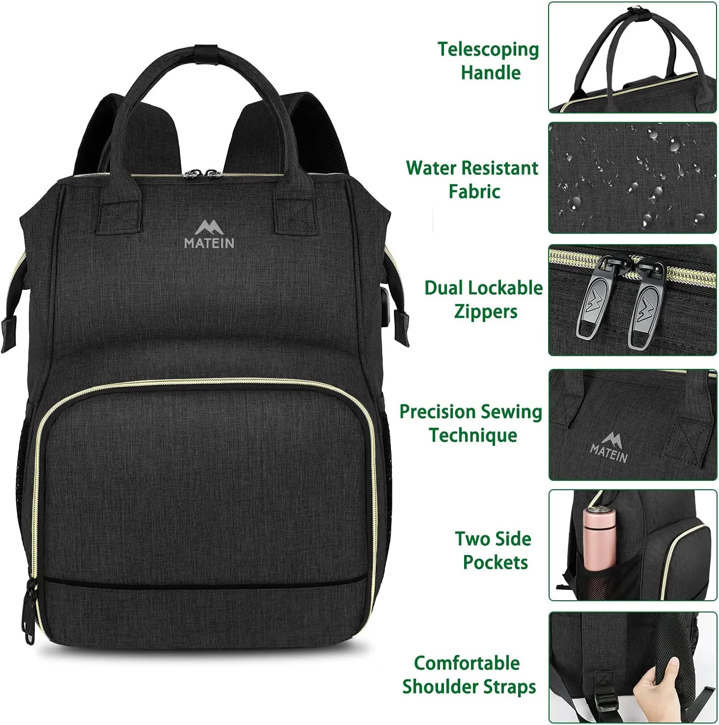 MATEIN Lunch Backpack for Women, Insulated Cooler Backpack Lunch Bag with USB Charging Port for Men, 15.6 Inch Leakproof Laptop College Tote Work Bag Teacher Nurse Picnic Office Commuter Travel, Black