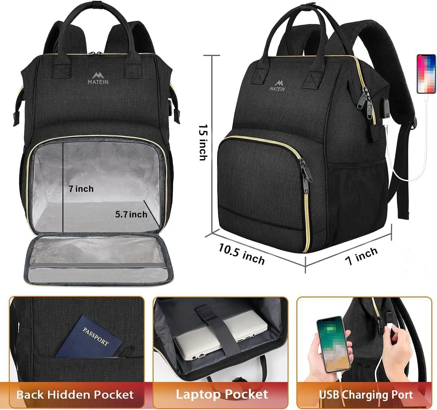 MATEIN Lunch Backpack for Women, Insulated Cooler Backpack Lunch Bag with USB Charging Port for Men, 15.6 Inch Leakproof Laptop College Tote Work Bag Teacher Nurse Picnic Office Commuter Travel, Black