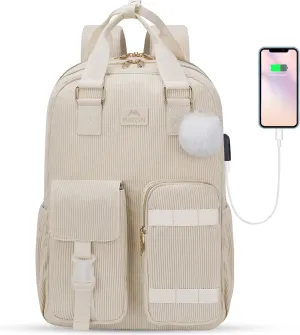 MATEIN School Backpack for Girls, 15.6 Inch Cute College Backpack Corduroy Computer Bookbag with USB Charging Port, TSA Lightweight Kawaii Travel Laptop Back Pack Aesthetic kids Teens Students, Beige