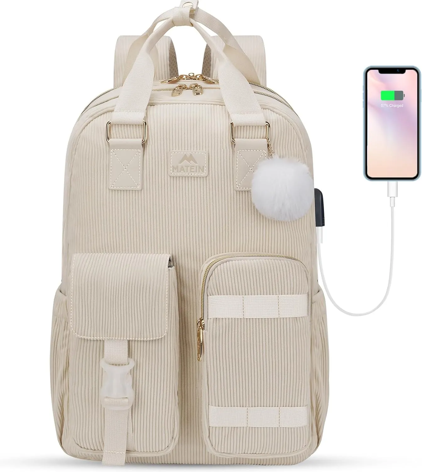 MATEIN School Backpack for Girls, 15.6 Inch Cute College Backpack Corduroy Computer Bookbag with USB Charging Port, TSA Lightweight Kawaii Travel Laptop Back Pack Aesthetic kids Teens Students, Beige