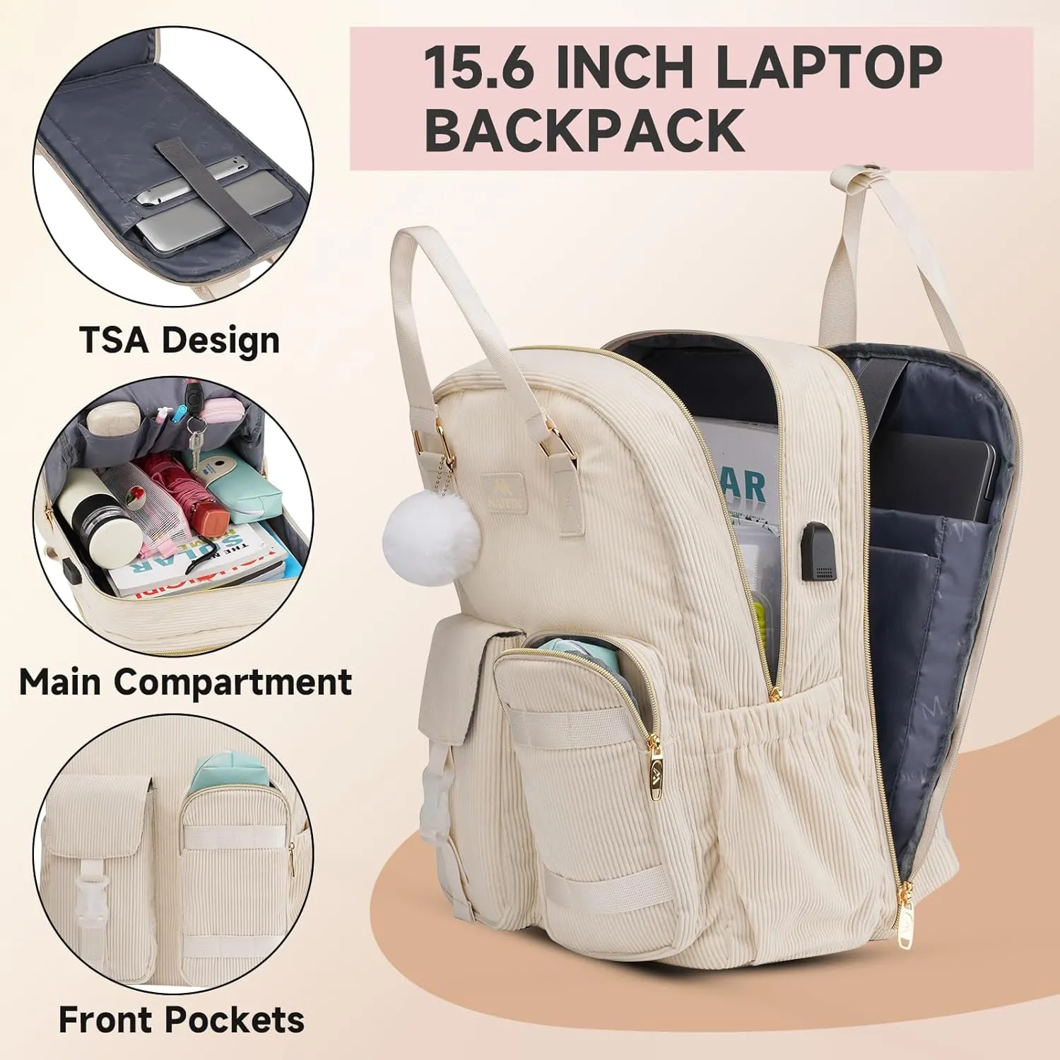 MATEIN School Backpack for Girls, 15.6 Inch Cute College Backpack Corduroy Computer Bookbag with USB Charging Port, TSA Lightweight Kawaii Travel Laptop Back Pack Aesthetic kids Teens Students, Beige