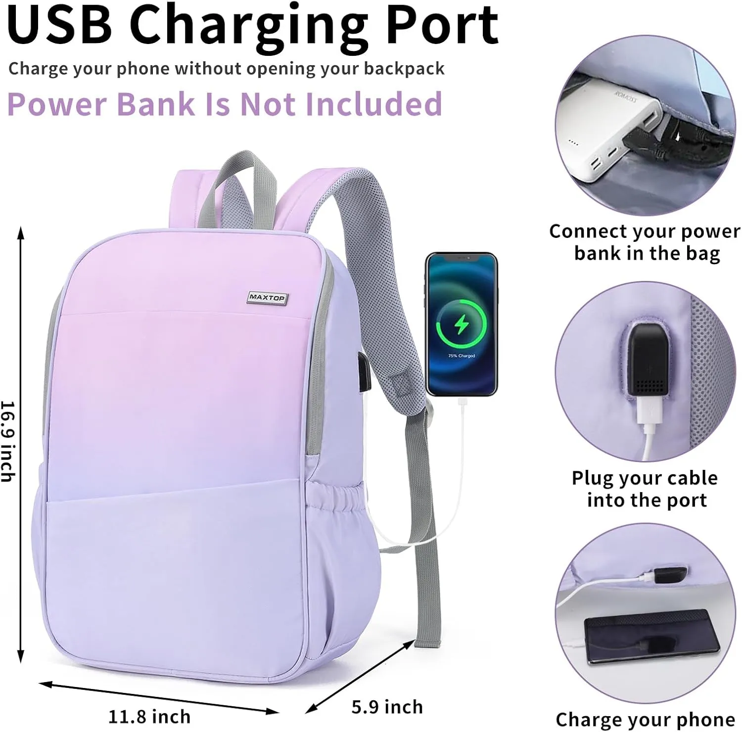 MAXTOP Deep Storage Laptop Backpack with USB Charging Port[Water Resistant] College Computer Bookbag Fits 16 Inch Laptop