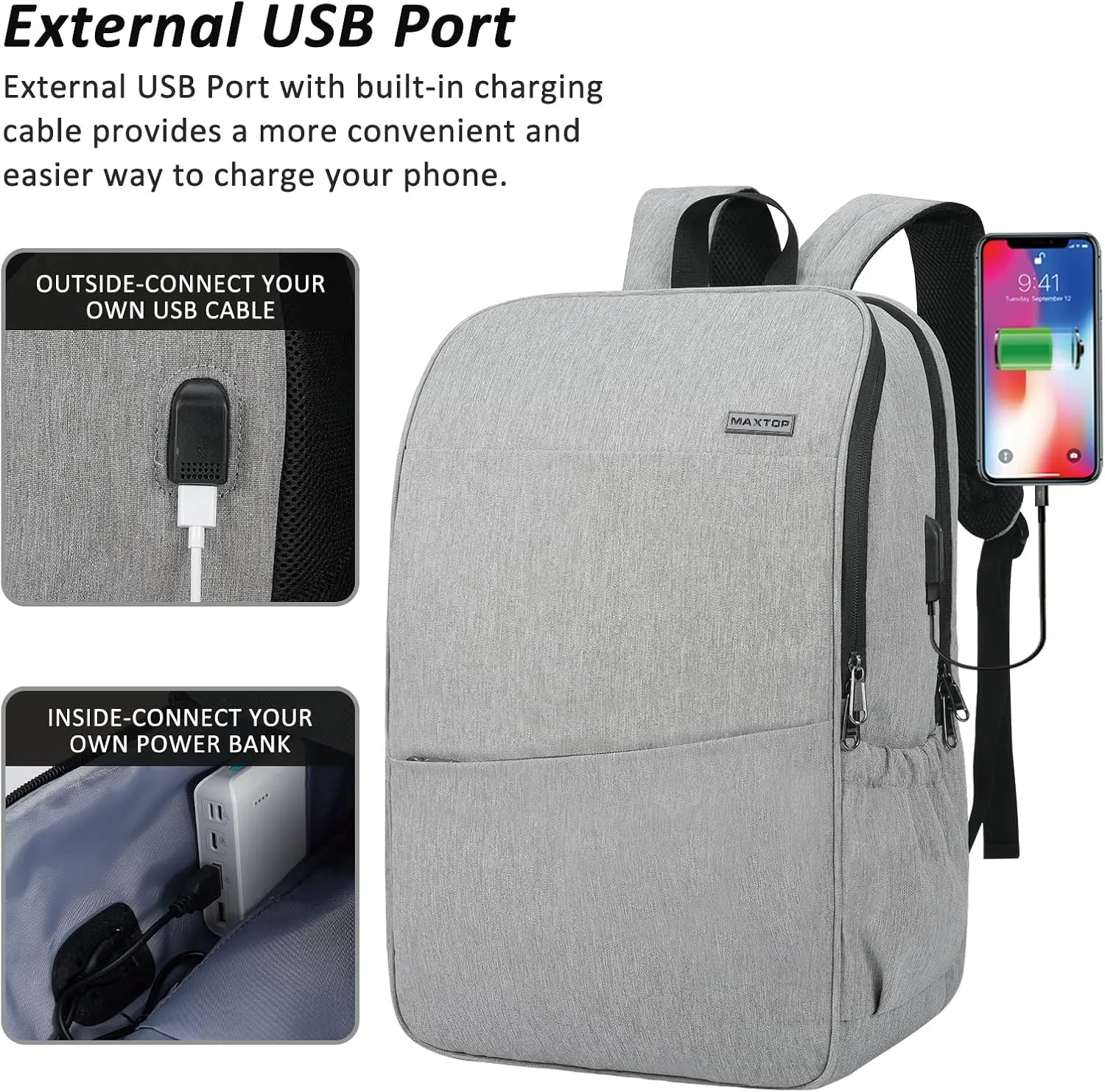 MAXTOP Travel Laptop Backpack with USB Charging Port Anti-Theft[Water Resistant] College Bookbag Fits 18.4 Inch Laptop
