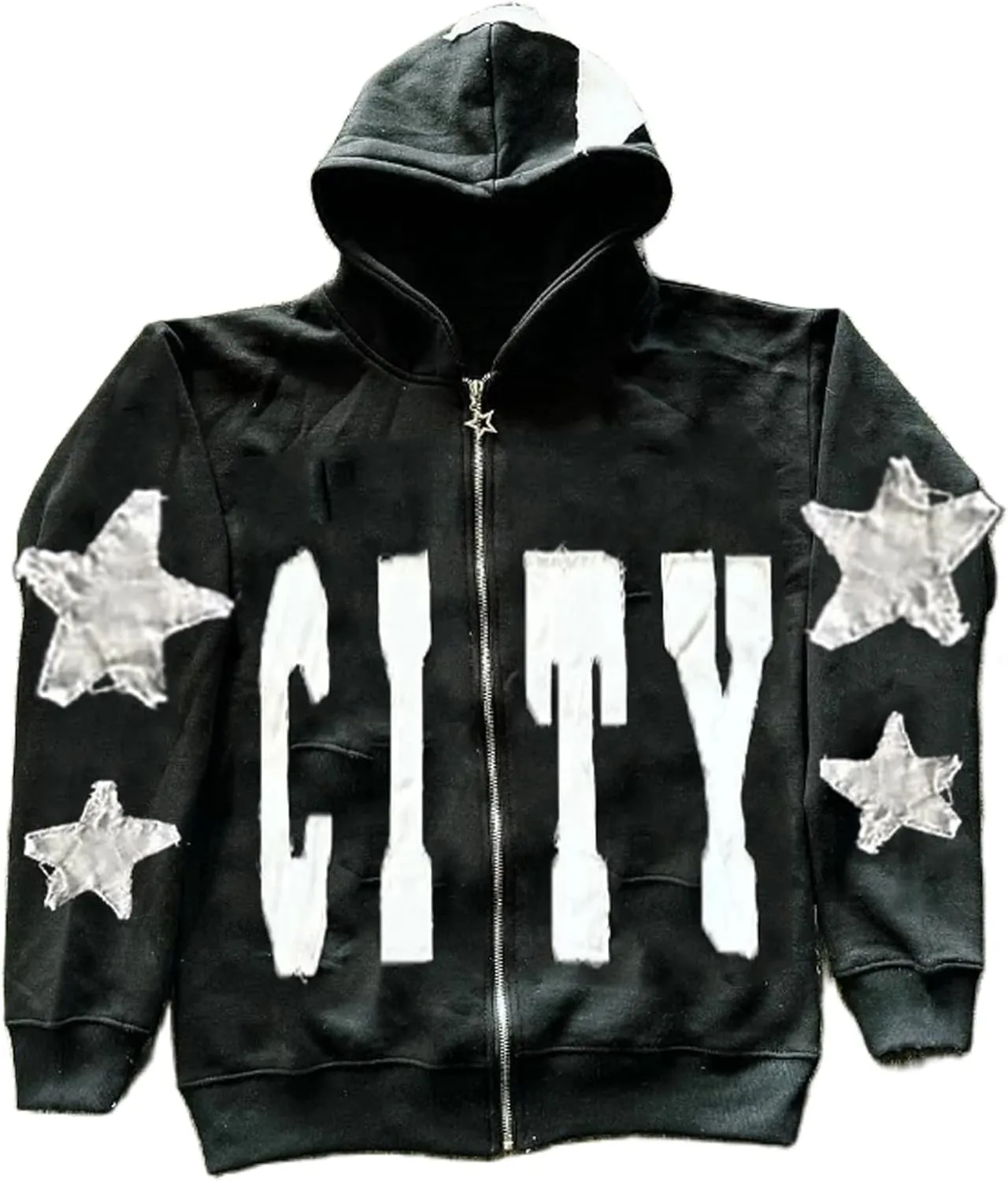 Meiweileya Y2k Oversized Zip Up Hoodie Men Vintage Star Graphic Print Jackets Teens Girl Grunge Aesthetic Streetwear Tops